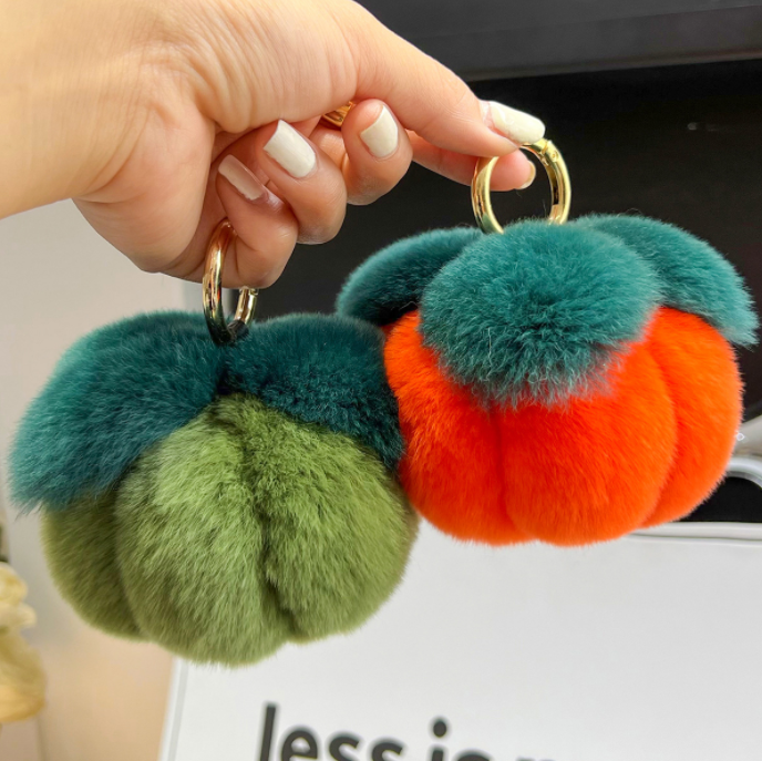 Real rabbit fur pumpkin car keychain pendant polular plush pompoms ball pumpkin decoration crafts
