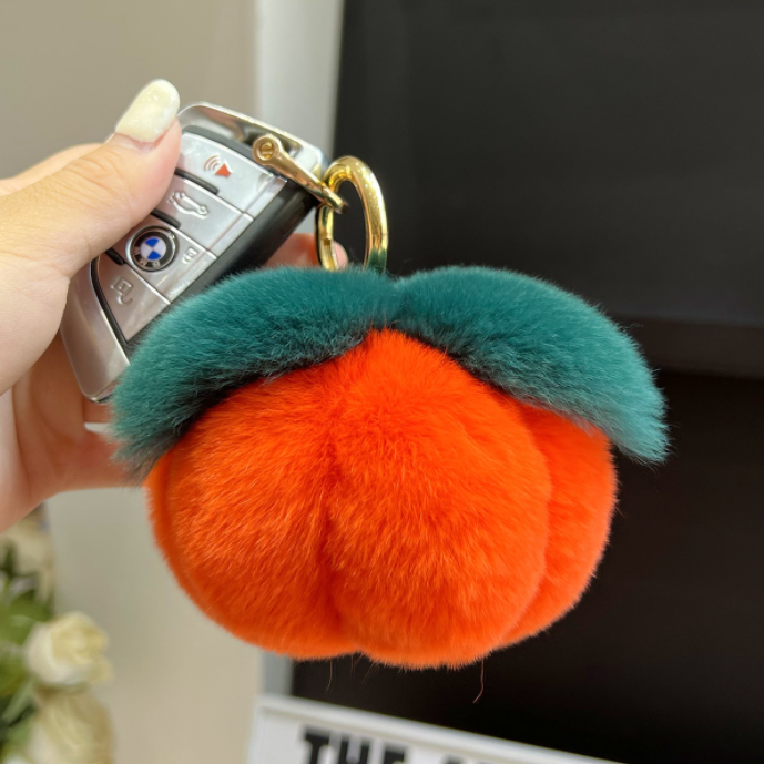 Real rabbit fur pumpkin car keychain pendant polular plush pompoms ball pumpkin decoration crafts